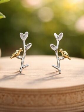 New Gold Accent Bird Stud Earrings | Handmade Sterling Silver 925